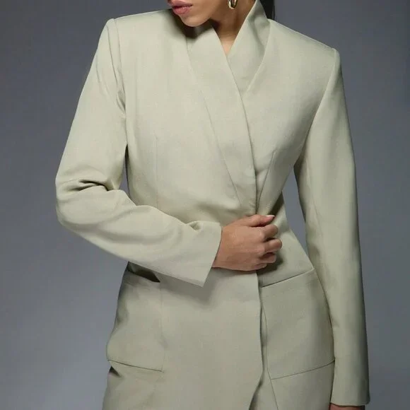 Mint Green Elegant Women's Curved Neckline Stiff Shoulder Blazer Dress - Picture 3 of 7